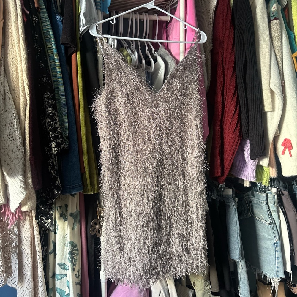 Fuzzy/ fringe mini dress with chain straps!!